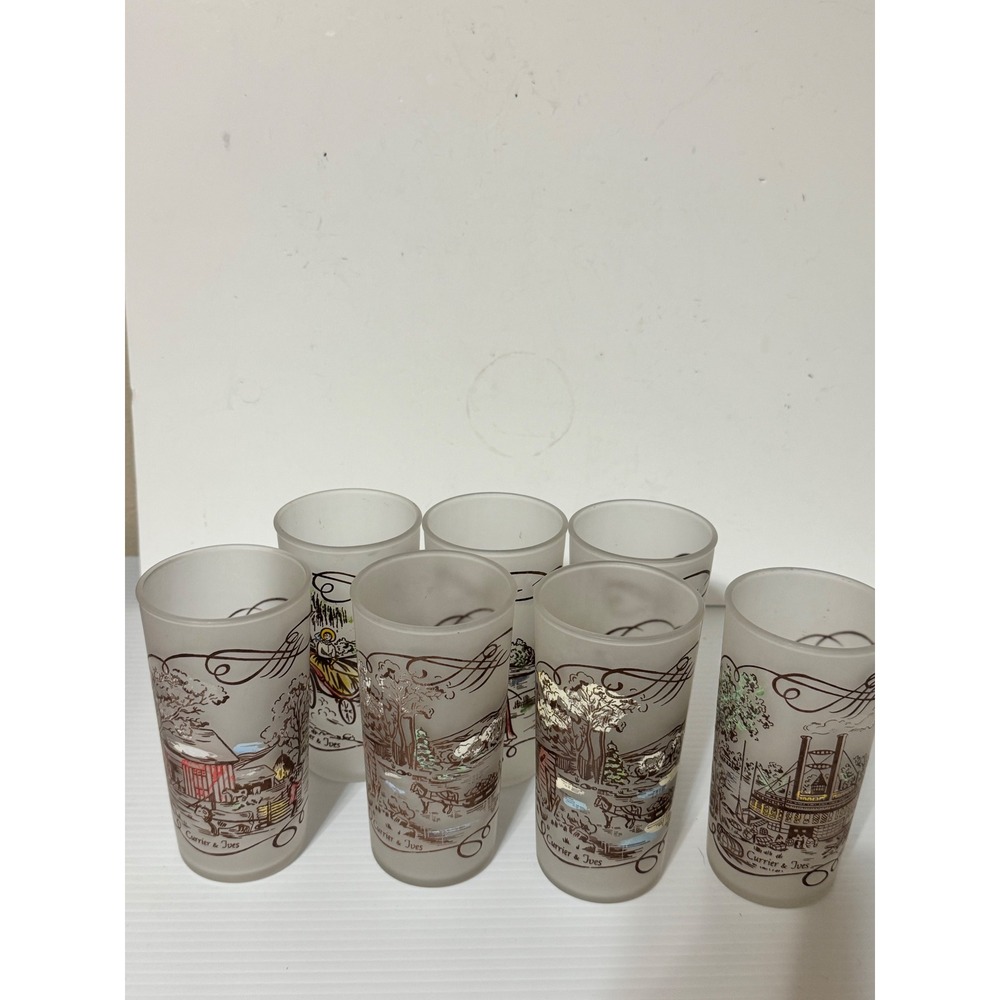 Currier & Ives Frosted Glass Tumblers Set of 7 Vintage Americana Scenes Multi